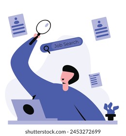 vector image of a person holding a magnifying glass, depicting the activity of searching for job vacancies