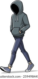 a vector image of a person with a hooded sweatshirt, skinny jeans, and sneakers, walking with hands in pockets, with the hood obscuring their face, creating a mysterious and casual vibe