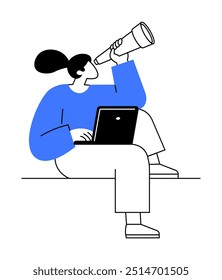 Vector image of a person sitting with a laptop, looking through a telescope. The person has a blue shirt, white pants, and a simple appearance, signifying exploration, technology, and future vision.