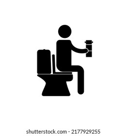 Imagen vectorial de una persona sentada en el inodoro y llegando a papel higiénico. Icono del inodoro que muestra dónde se encuentra el papel higiénico