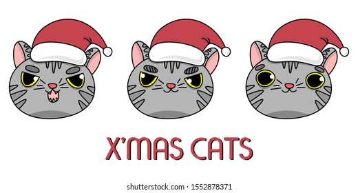 Vector image of pet, animal, gray cat in christmas hat, cap. A hat as a symbol of Christmas. Set, collection of images of cat emotions. Character, mascot, Xmas cats. GUI, game icon.