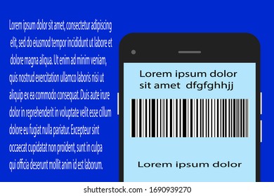 vector image of a phone with a barcode on the screen on a blue background. Advertising services using mobile apps on your phone