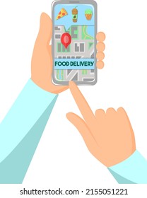 Vector image of a phone with a city map. Smartphone in the hands. Illustration of navigation and gps on screen. Order food online and home delivery. Takeaway Restaurant