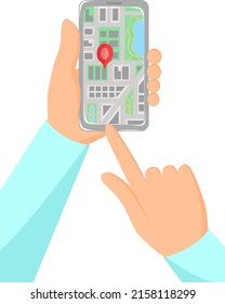 Vector image of a phone with a map. Smartphone in the hands. Illustration of navigation and gps on screen. Destination, tourism, route to the place