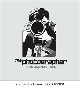 A vector image of photographer with a big lens camera. With wording below.  
Suitable design for logo, business card, creative arts, template, poster, postcard etc. Vector