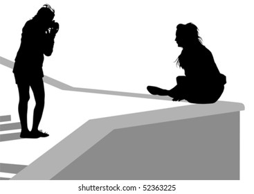 Vector image of the photographer and children. Silhouettes on white background