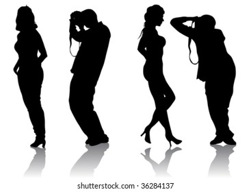 Vektorbild des Fotografen und Models. Silhouette auf weißem Hintergrund