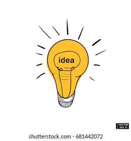 Vector image. Picture of a glowing light bulb. The hand drawing the origin of the idea