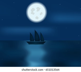 Vector image picturing a boat sailing in the moonlight