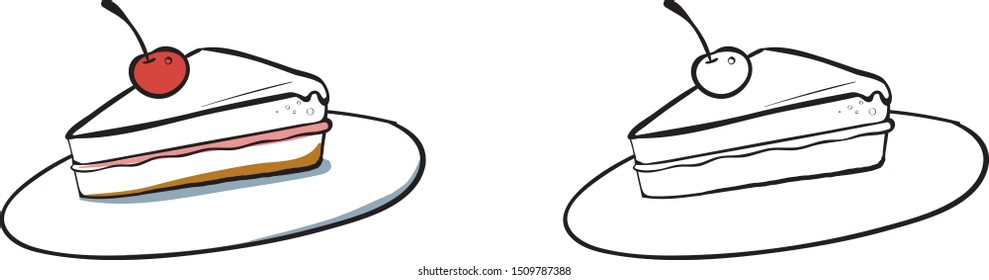 Vector image of pie piece in cartoon like style. One with color and one only in line art