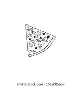 Vector image of a piece of pizza. Done in black and white on a transparent background.