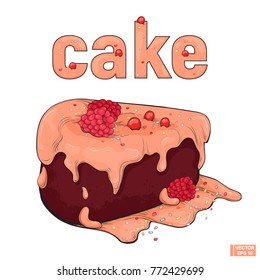 Vector image. A piece of sweet pie. A beautiful piece cake. Sweet pastry with pink icing and raspberry berries