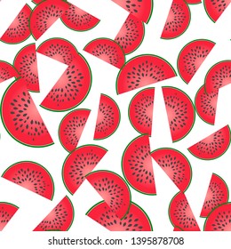 Vector image of a piece watermelon. Watermelon icon seamless pattern on a white background. Layers grouped for easy editing illustration. For your design. 