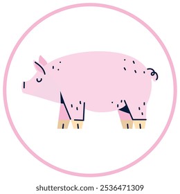 Vector image of pig icon inside a circle with pink line