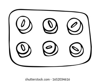 Vector image of pills, vitamin, antibiotic in blister packs. Remedy for illness, nausea and cough. Drawn in doodle style. Outline isolated on white background. For coloring books, of medical magazines