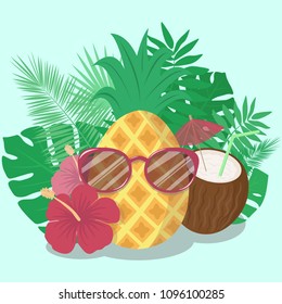 Vector image of pineapple in glasses, cocktail in the form of coconut, hibiscus flowers and tropical plants. Summer illustration on a light background.