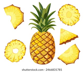 Vector image of pineapple and sliced pineapple slices on isolated white background. Citrus fruits. Set of icons Ripe and delicious product.