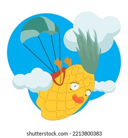 Vector image of a pineapple that is skydiving against a blue sky and clouds. Expression of fear emotion.