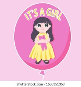 Vector image of a pink ball with the inscription "It is a girl".The balloon shows a dark-haired girl in a yellow dress with a pink bear in her hands.The image is in a flat style,suitable for holidays.