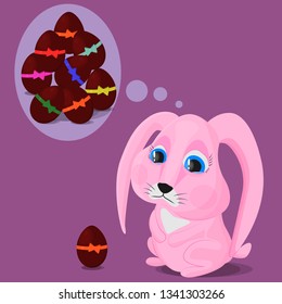 A vector image of a pink bunny, who sadly looks at one chocolate egg and dreams of many things. The concept of discrepancy desires and reality.