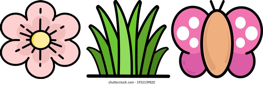 Vector image of pink color, green grass and butterfly. EPS