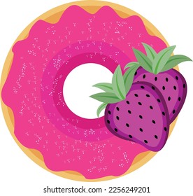 Vektorbild eines rosafarbenen Donuts mit Erdbeeren