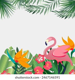 vector image of a pink flamingo, with green tropical leaves and bright tropical flowers PNG on a transparent background banner