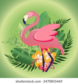 Vector image of pink flamingos with tropical leaves png on a transparent background