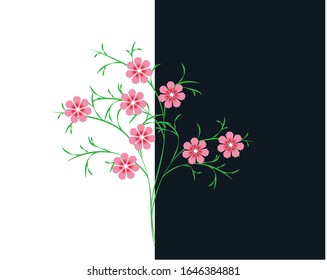 Imagen vectorial de flores rosas con hojas sobre fondo negro y blanco para el diseño de tarjetas, folletos, sitios