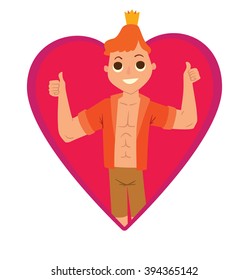 Vector image of a pink frame as heart symbol. Cartoon image of a modern prince. Man with ginger hair. Man in a red unbuttoned shirt and gold crown. Vector frame with cartoon prince on white background