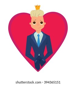 Vector image of a pink frame as heart symbol. Cartoon image of a modern prince. Man with a blonde hair. Man in a blue suit, tie and gold crown. Vector frame with cartoon prince on a white background.