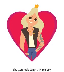 Vector image of a pink frame as heart symbol. Cartoon image of a modern prince. Man with long blonde hair. Man with tattoos in black vest and gold crown. Vector frame with prince on a white background