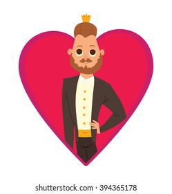 Vector image of a pink frame as heart symbol. Cartoon image of a modern prince. Man with brown hair and beard. Man in black tuxedo and gold crown. Vector frame with cartoon prince on white background.