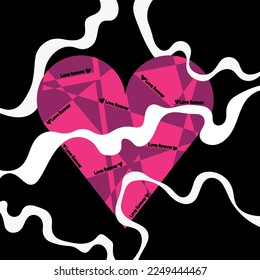 Vector image of a pink heart on a black background in a white haze. Valentine's Day card. Love you.