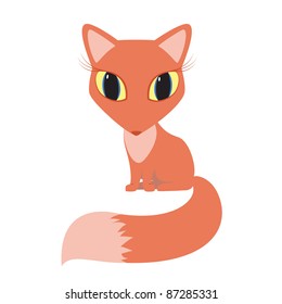 Vector image. Pink little fox vixen sits big blue yellow eyes fluffy tail