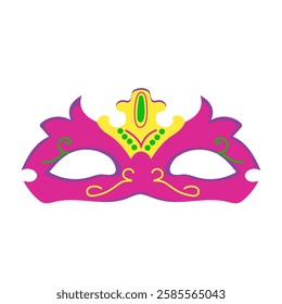 Vector image of pink mask with decorations for Mardi Gras carnival. Colored logo of party clothing element. Icon isolated on white background