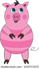 Vector image of a pink pig. Little pig smiles and looks up