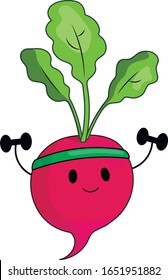 Vector image of a pink radish with a sports bandage and green leaves doing sports and holding a dumbbell in the hands, isolated on white background