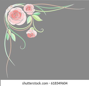Vector image of pink roses with salad and emerald leaves, green and brown vines, bends, curls, knots. Angular pattern with a white stroke on a gray background.