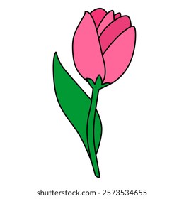 vector image, pink tulip flower with green leaf. Icon, outline drawing in flat style, spring flower