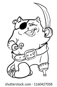 vector image of a pirate cat with one eye, a sword, a hook, on one leg and a bandaged tail. black outline