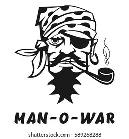 Vector image of a pirate with the inscription "Man-O-War" (The name used for a pirate ship that is all set and ready to go to war). Print on T-shirt