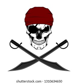 Vector image of a pirate skull with eye patch and swords.