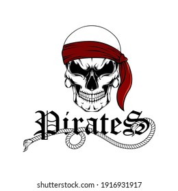 Vector image of a pirate skull with a red bandage on his head.