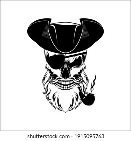 Vector image of a pirate skull. The pirate smokes a pipe.