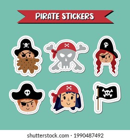 Vector image. Pirate stickers. Collection of cute stickers for kids.