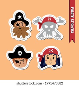 Vector image. Pirate stickers. Collection of cute stickers for kids.