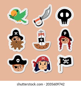 Vector image. Pirate stickers for kids. Children's decoration.