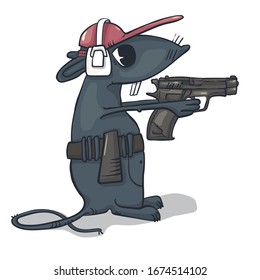 Imagen vectorial de un ratón que dispara una pistola. Un ratón en la cabeza y los auriculares disparan en un guión. El personaje estilizado se dedica a rodajes prácticos. EPS-10