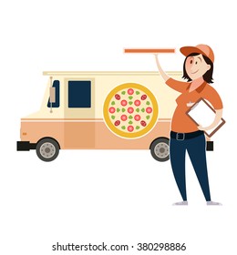 Vector image of a Pizza car and delivery woman